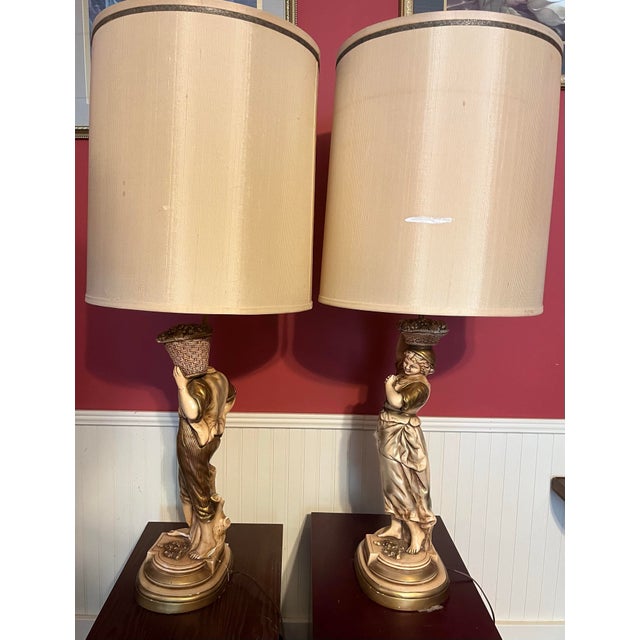 Vintage Figural Lamps, Young Man and Young Woman Carrying Fruit Baskets - a Pair For Sale - Image 4 of 12