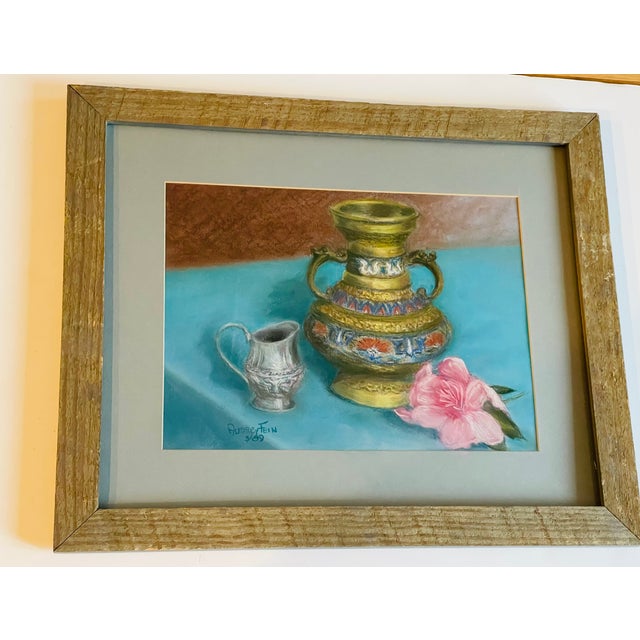 Shabby Chic 1980s Mixed Media Still Life on Blue Table Signed For Sale - Image 3 of 6