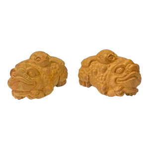 Chinese Pair Wood Carved Mini Mythical Pixiu FengShui Figures