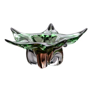 Vintage Murano Art Glass Five-Lobed Centerpiece Bowl – Green to Amber Sommerso For Sale
