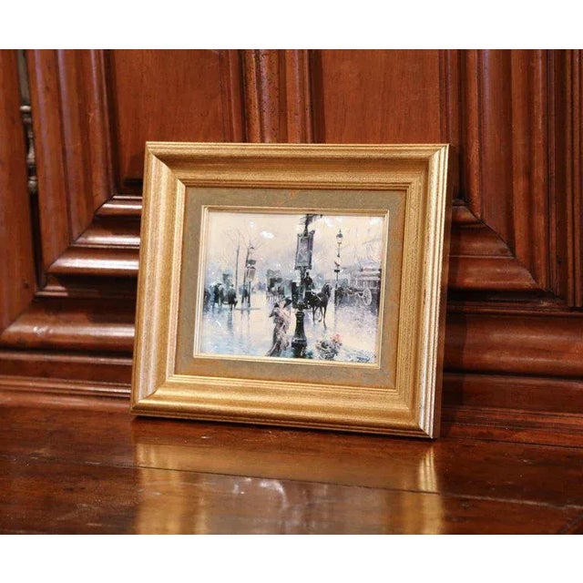 Mid-20th Century Painted on Tole Paris Street Scene in Gilt Frame Signed Palmer For Sale - Image 4 of 6