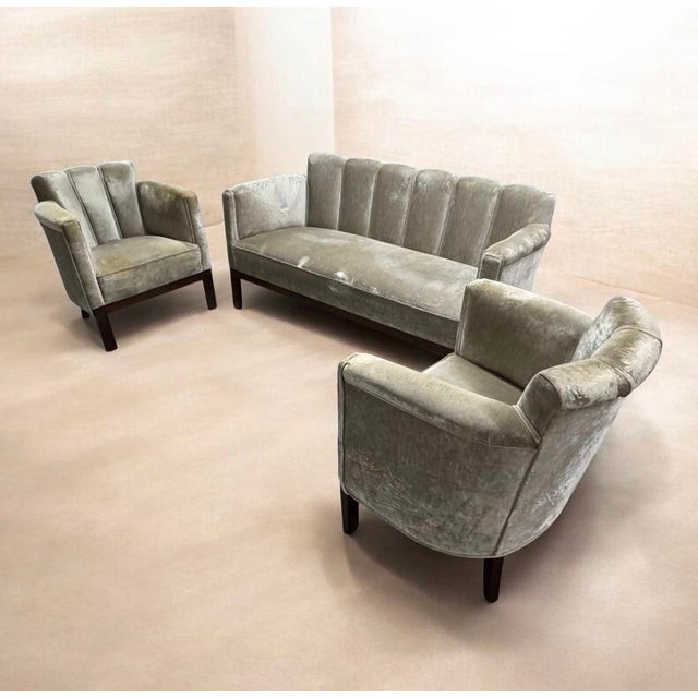 Textile 1950s Art Deco Scalloped Velvet Lounge Chairs and Sofa Set For Sale - Image 7 of 11