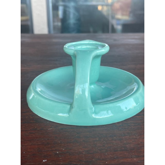 1920s Mid Century Aqua Blue Double Handle Candlestick With Original Store Label For Sale - Image 5 of 7