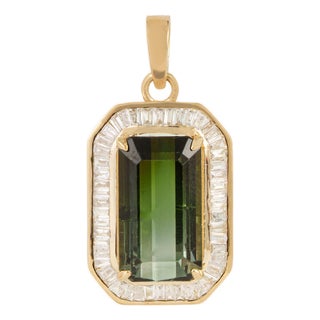 5.5ct Emerald Cut Green Tourmaline & Baguette Diamond Pendant in 14k Yellow Gold For Sale