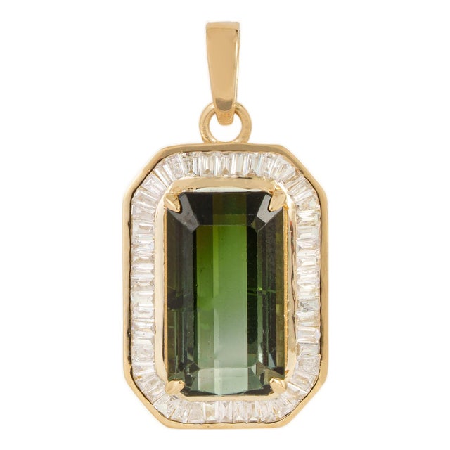 5.5ct Emerald Cut Green Tourmaline & Baguette Diamond Pendant in 14k Yellow Gold For Sale