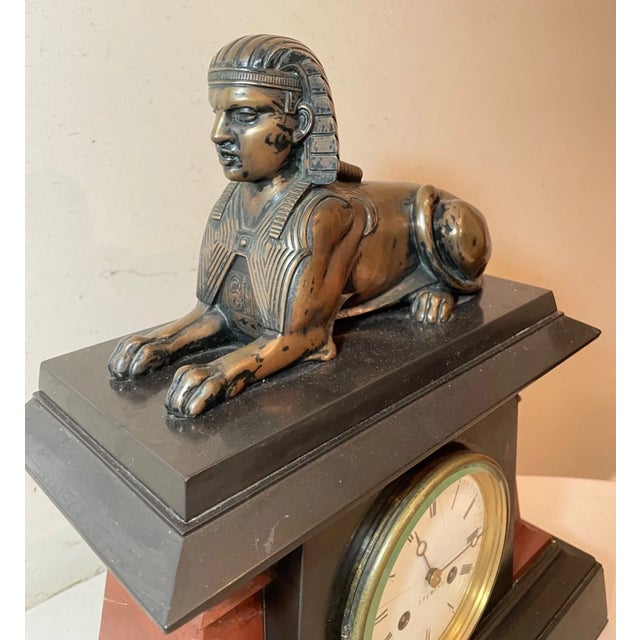 Heavy Antique 19th Century R. Stuart Egyptian Revival Marble Bronze Mantle Clock For Sale - Image 11 of 16