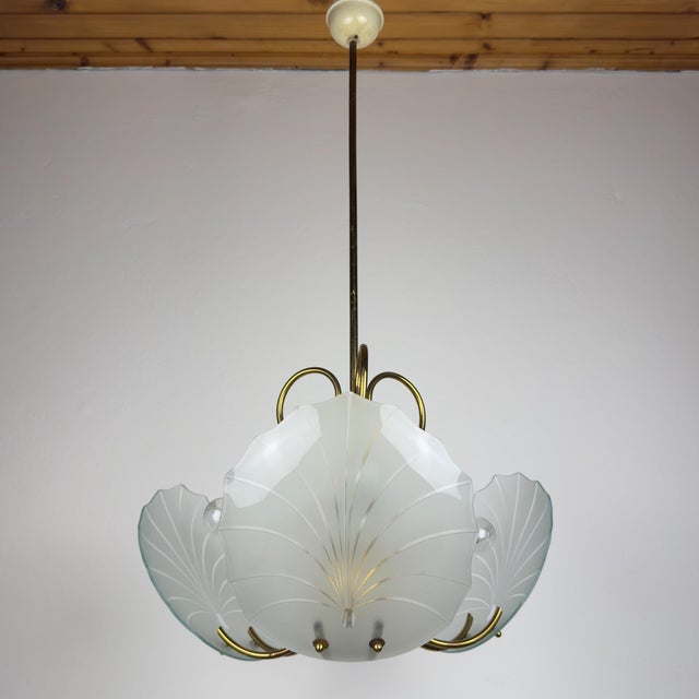 Antique Brass and Glass Chandelier in the style of Pietro Chiesa for Fontana Arte, Italy, 1930s For Sale - Image 4 of 18