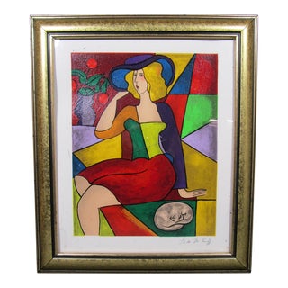 1990s Linda Le Kinff of Paris, France, "Debby" Portrait of Lady and a Cat, Serigraph Print on Paper, Framed For Sale