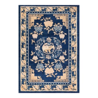 1800s Blue Navy Medallion Foo Dog Antique Chinese Ningxia Rug 4'10" X 6'9" Handknotted Wool Carpet For Sale