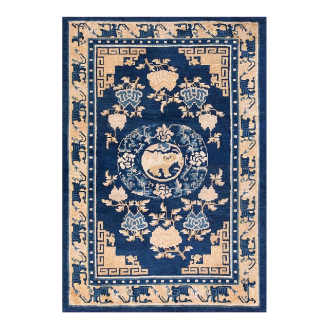 1800s Blue Navy Medallion Foo Dog Antique Chinese Ningxia Rug 4'10" X 6'9" Handknotted Wool Carpet For Sale