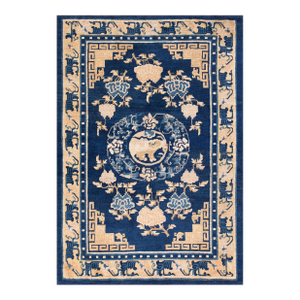 1800s Blue Navy Medallion Foo Dog Antique Chinese Ningxia Rug 4'10" X 6'9" Handknotted Wool Carpet