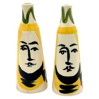 Late 20th Century Stamped Edition Padilla Picasso Pottery Conical Face Vases - a Pair For Sale
