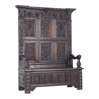 Antique Neo-Gothic Oak Chest Bench For Sale