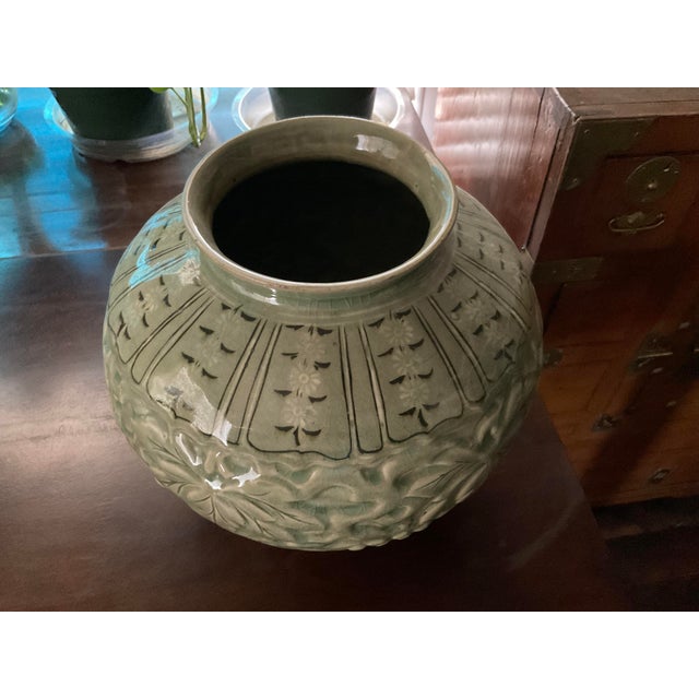 Asian Korean Blue Celadon Style Vintage Pottery With Grapes Design For Sale - Image 3 of 6