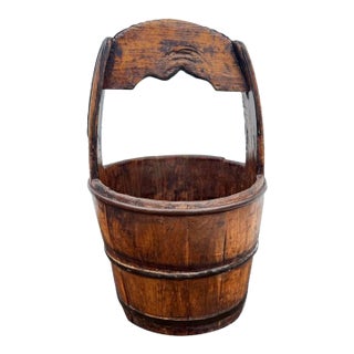 Antique Farmhouse Rustic Style Solid Wood Bucket With Arched Handle For Sale