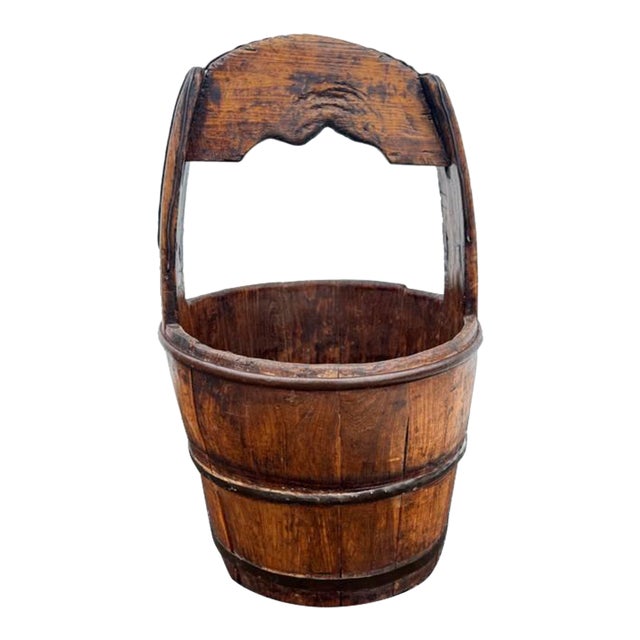 Antique Farmhouse Rustic Style Solid Wood Bucket With Arched Handle For Sale