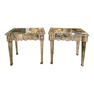 Pair of Vintage Venetian Etched Mirror Side Tables For Sale
