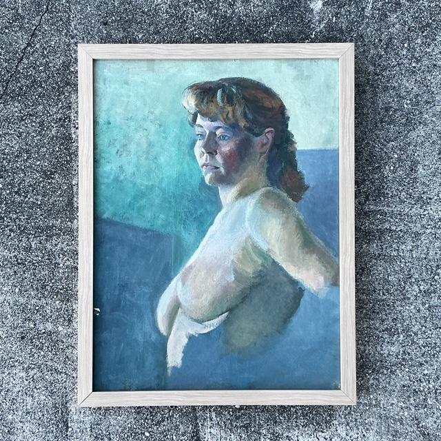 This evocative pair of vintage figurative oil paintings offers a sophisticated exploration of the human form through a...