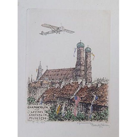 Vintage C1927 Aviators Etching Chamberlin & Levine in Munich For Sale