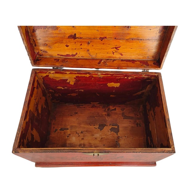 Wood 1900s Hand Painted Red Trunk For Sale - Image 7 of 8