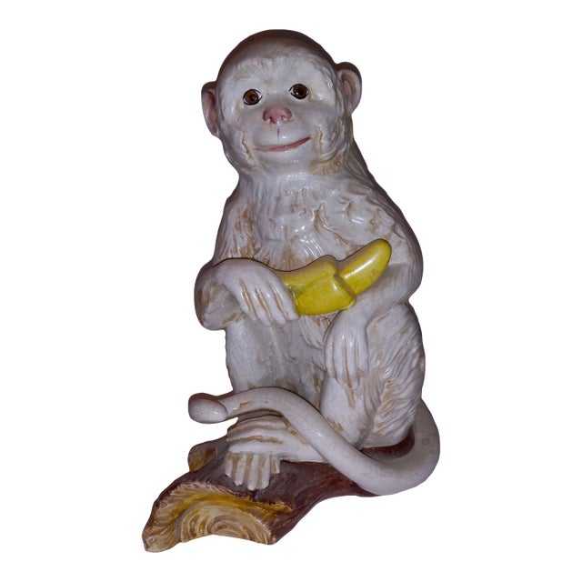 2000s Ceramic Italian Monkey With Banana Crackle Finish Sculpture Offered by Antoinette For Sale