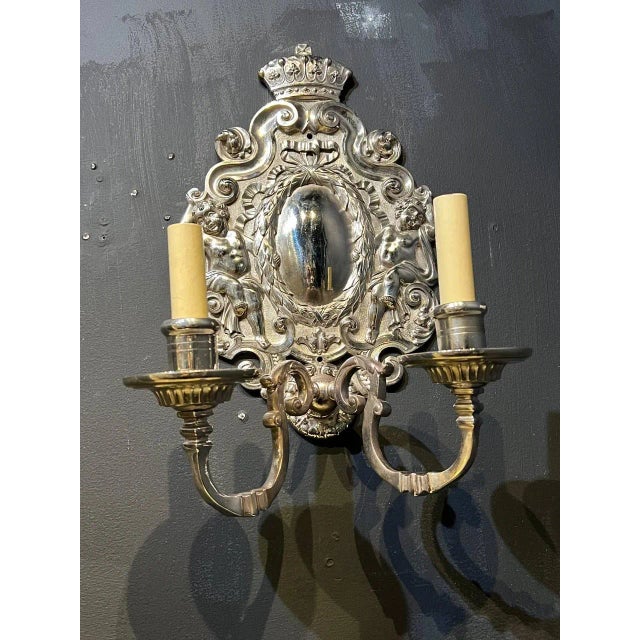 1900 - 1909 Pair of 1900s Caldwell Silver Plated Sconces For Sale - Image 5 of 8