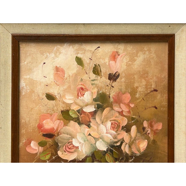 Vintage Blooming Roses Brown Pot Small Canvas Oil Painting For Sale In San Francisco - Image 6 of 6