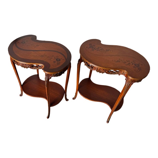 Antique Louis XV-Style Kidney Shape Inlaid Marquetry Two-Tier End Tables or Nightstands – Pair For Sale