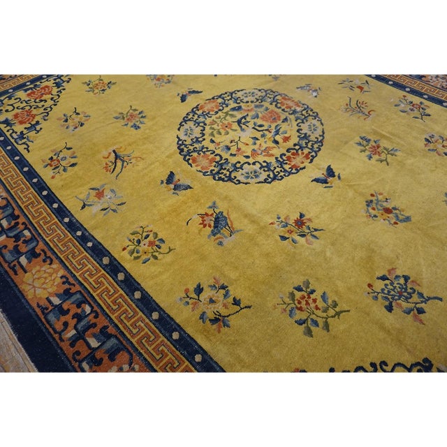 1920s Yellow Field Medallion Classic Greek Key Antique Chinese Peking Wool Rug For Sale - Image 4 of 5