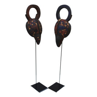Hand-Carved African Bird Masks with Polychrome Pigments, Mid-20th Century, Set of 2 For Sale