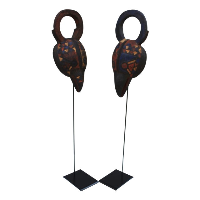 Hand-Carved African Bird Masks with Polychrome Pigments, Mid-20th Century, Set of 2 For Sale