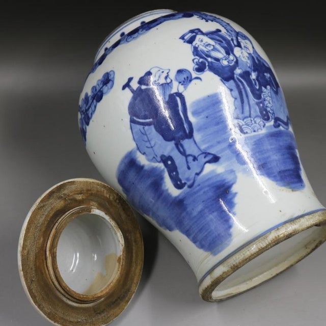 Blue Antique Chinese Ceramic Pot China Blue Ground Famille Rose Porcelain Ginger Jar Hand Painted Figures Pattern For Sale - Image 8 of 8