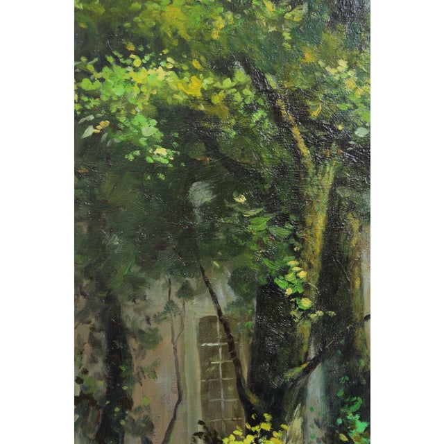 Paint Large French Artist Signed Oil Painting on Canvas of Courtyard For Sale - Image 7 of 18