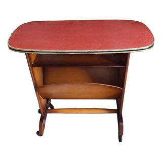 Mid-Century Side Table with Integrated Newspaper Rack in Brown Beechwood with Red Faux Leather Top, 1960s For Sale