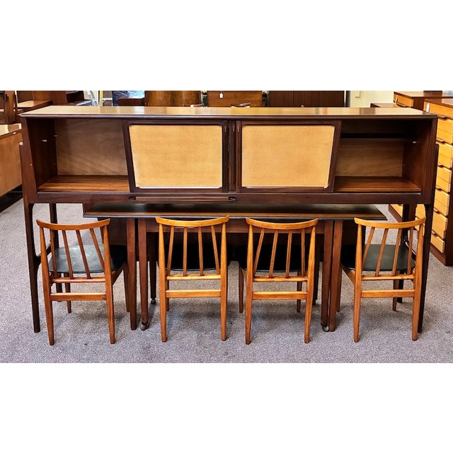 Iconic European Mid Century Modern Teak & Wicker Nesting Dining Suite w/ Credenza, Dining Table & Four Chairs c.1960 Rare...