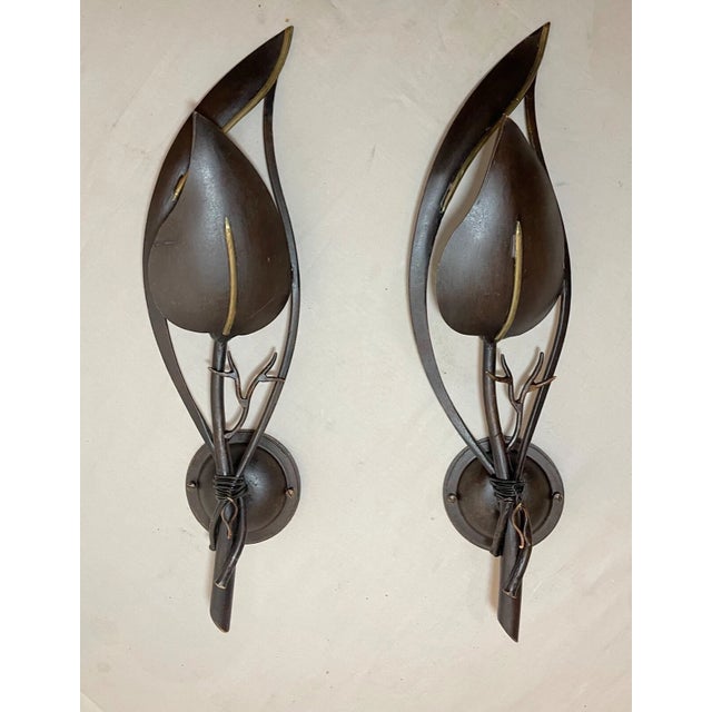 Contemporary Pair of Handmade Italian Bronze Patinated Cast Iron Leaf Wall Sconce Fixtures For Sale - Image 13 of 18