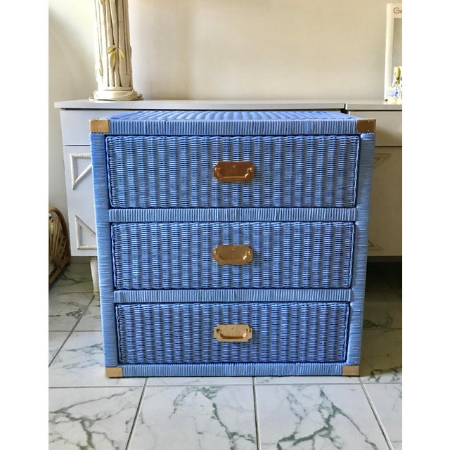 Lacquered Periwinkle Blue Wicker and Rattan MidCentury Campaign