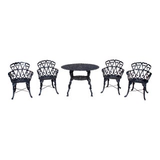 Mid-Century Ornate Cast Aluminum Patio Dining Set – Filigree Round Table With 4 Heart-Back Armchairs For Sale