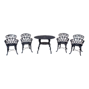 Mid-Century Ornate Cast Aluminum Patio Dining Set – Filigree Round Table With 4 Heart-Back Armchairs