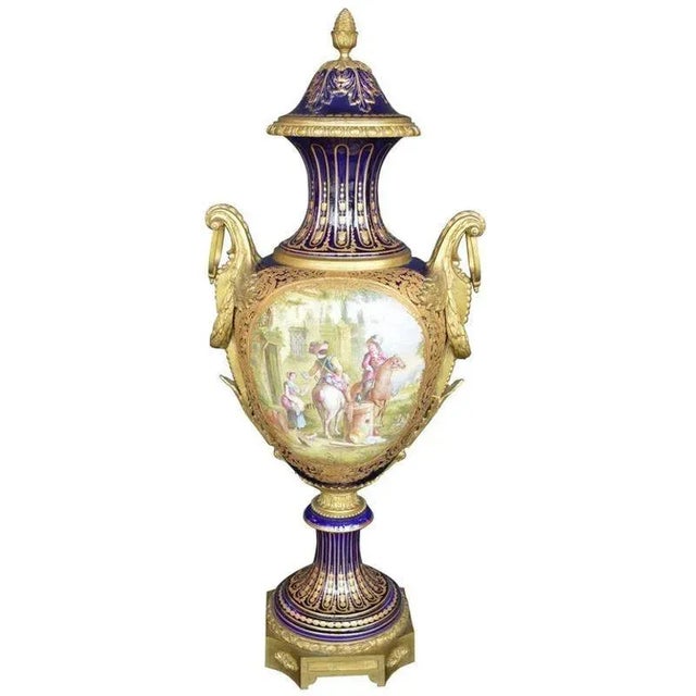 Late 19th Century Oversized French Blue Royal Hand-Painted Sevres Lidded Vase For Sale - Image 11 of 11