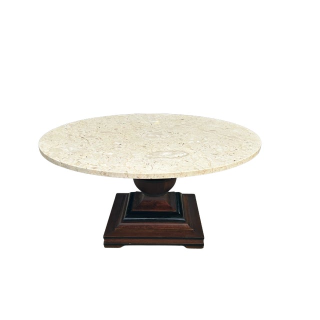 Mid-Century Modern Vintage Italian Marble Pedestal Coffee Table – Mid-Century Modern Round Ivory Stone Top With Sculptural Wood Base For Sale - Image 3 of 10