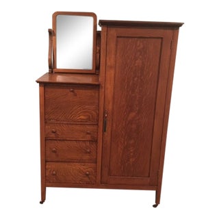 1800's Oak Armoire With Desk and Mirror For Sale
