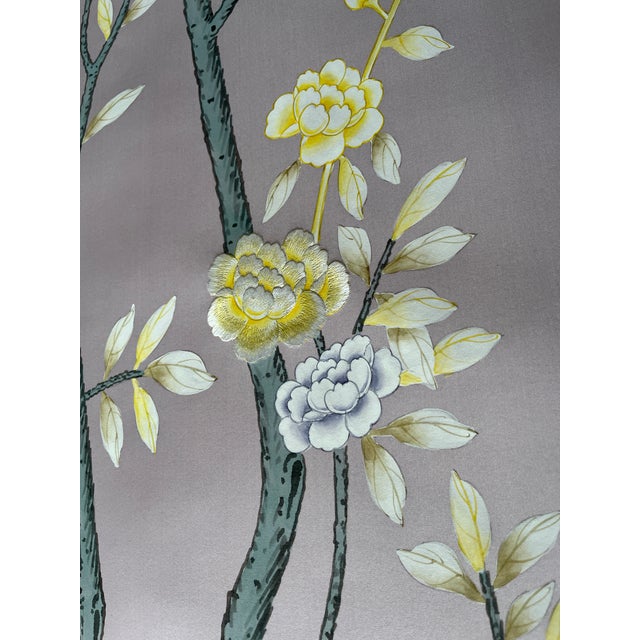 Custom Hand-Painted Silk Chinoiserie Mural | Dusty Lavender Botanical Heron Wallpaper | Luxury Handcrafted Wall Covering For Sale - Image 4 of 6