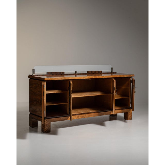 1930-1939 Germany Rich Walnut Brown Glass-Top Walnut Sideboard For Sale - Image 11 of 11