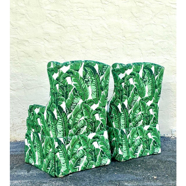 Vintage Coastal Palm Frond Skirted Wingback Chairs - a Pair For Sale - Image 18 of 18