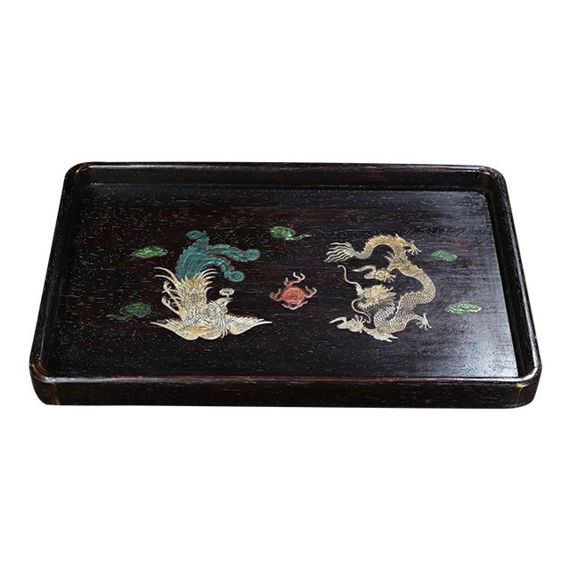 Vintage Chinese Rosewood Tea Tray | Mother-of-Pearl Inlaid Dragon & Phoenix Motif For Sale
