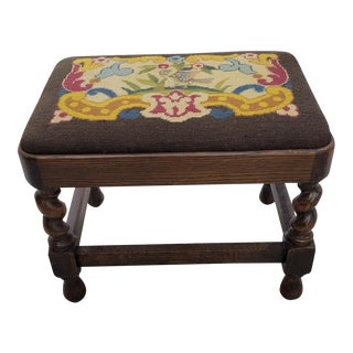 Antique Needlepoint Barley Twist Footstool With Bird For Sale