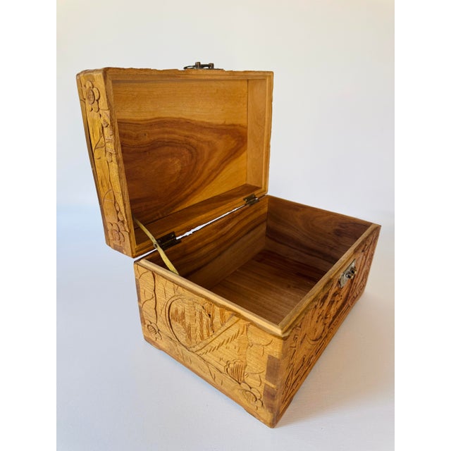 Chinese Vintage Chinese Hand Carved Hardwood Jewelry Box Scenic Relief Brass Lock For Sale - Image 3 of 13