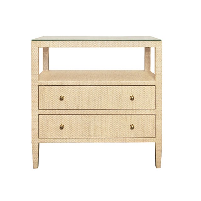 Tan Matthew Izzo Home Douglas Natural Grasscloth Two Drawer Side Table With Open Shelf, Glass Top, and Brass Knobs For Sale - Image 8 of 8