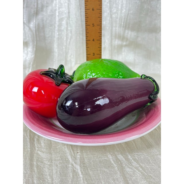 Farmhouse Vintage Art Glass Fruit Centerpiece on Portuguese Plate Tomato Lemon Eggplant For Sale - Image 3 of 10